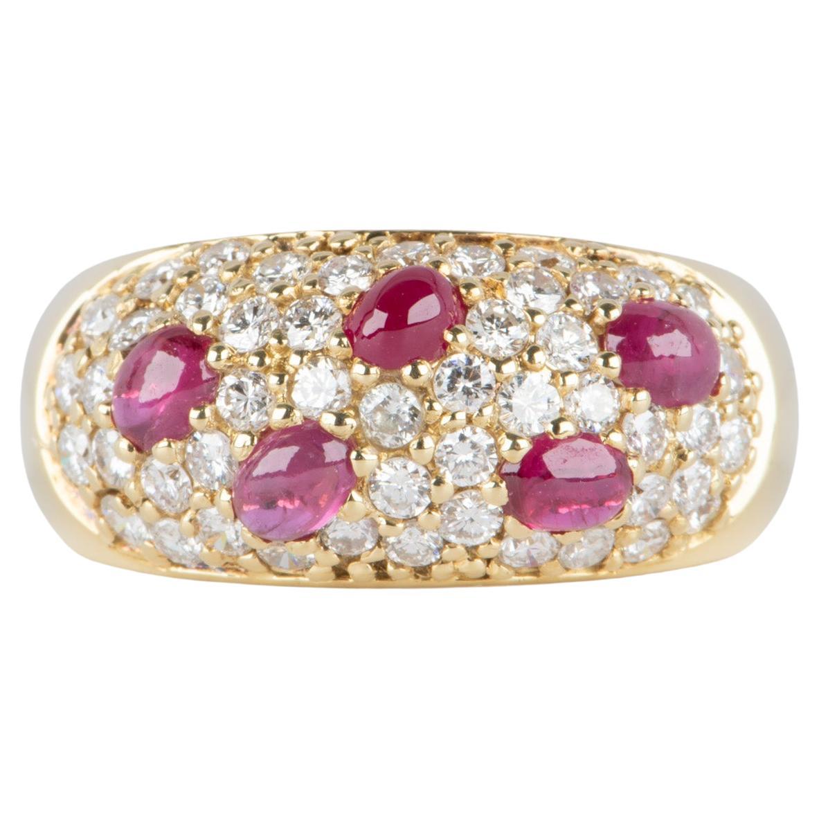 Wide Dome Band with Pave Diamond and Cabochon Ruby 18K Gold 6.6g V1117