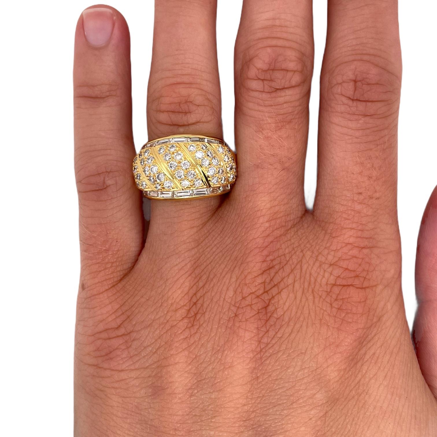 Modern Wide Dome Round Diamond & Baguette Accent Ring in 18K Yellow Gold For Sale