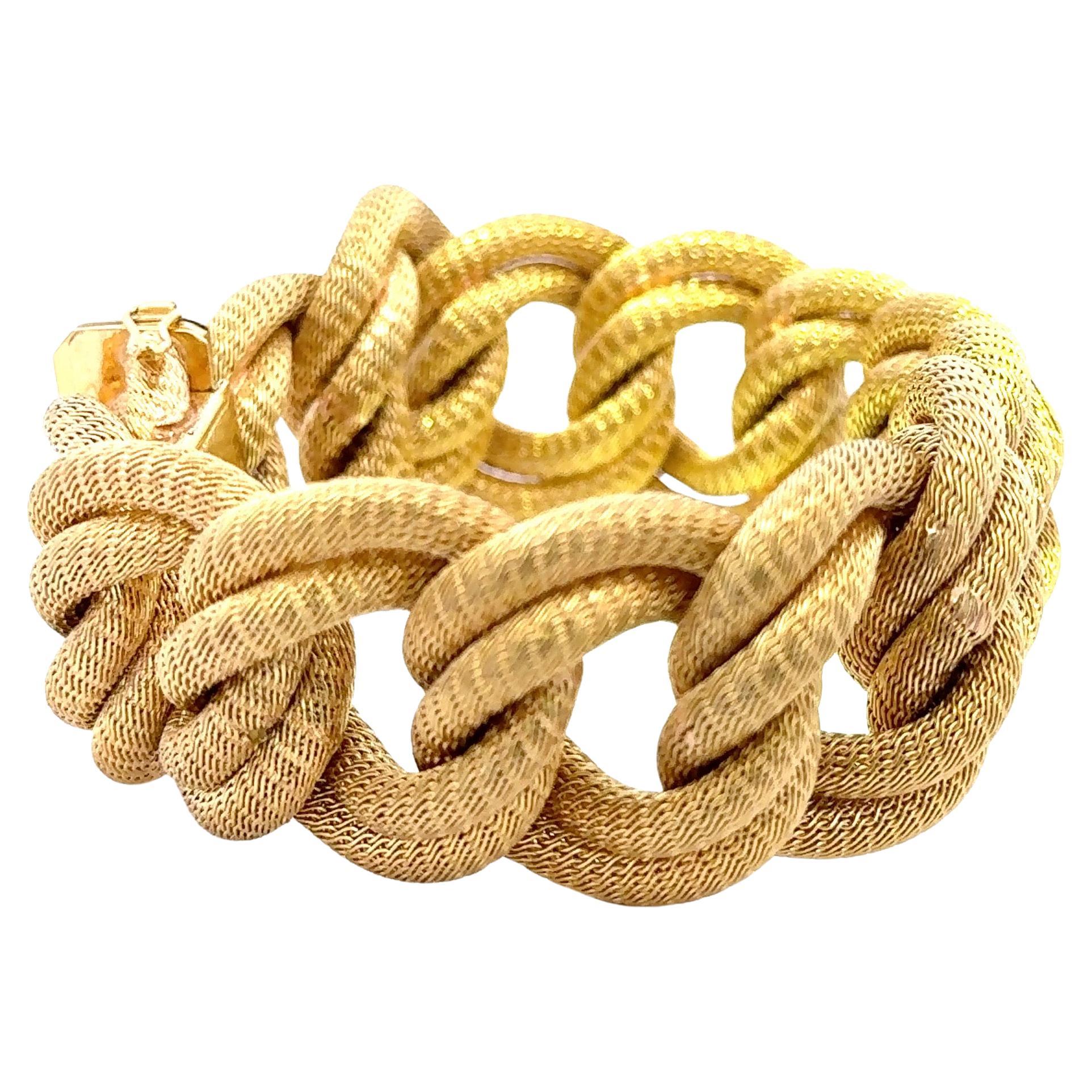 Contemporary Wide Double Row Woven Link Bracelet 18 Karat Yellow Gold 104.9 Grams For Sale