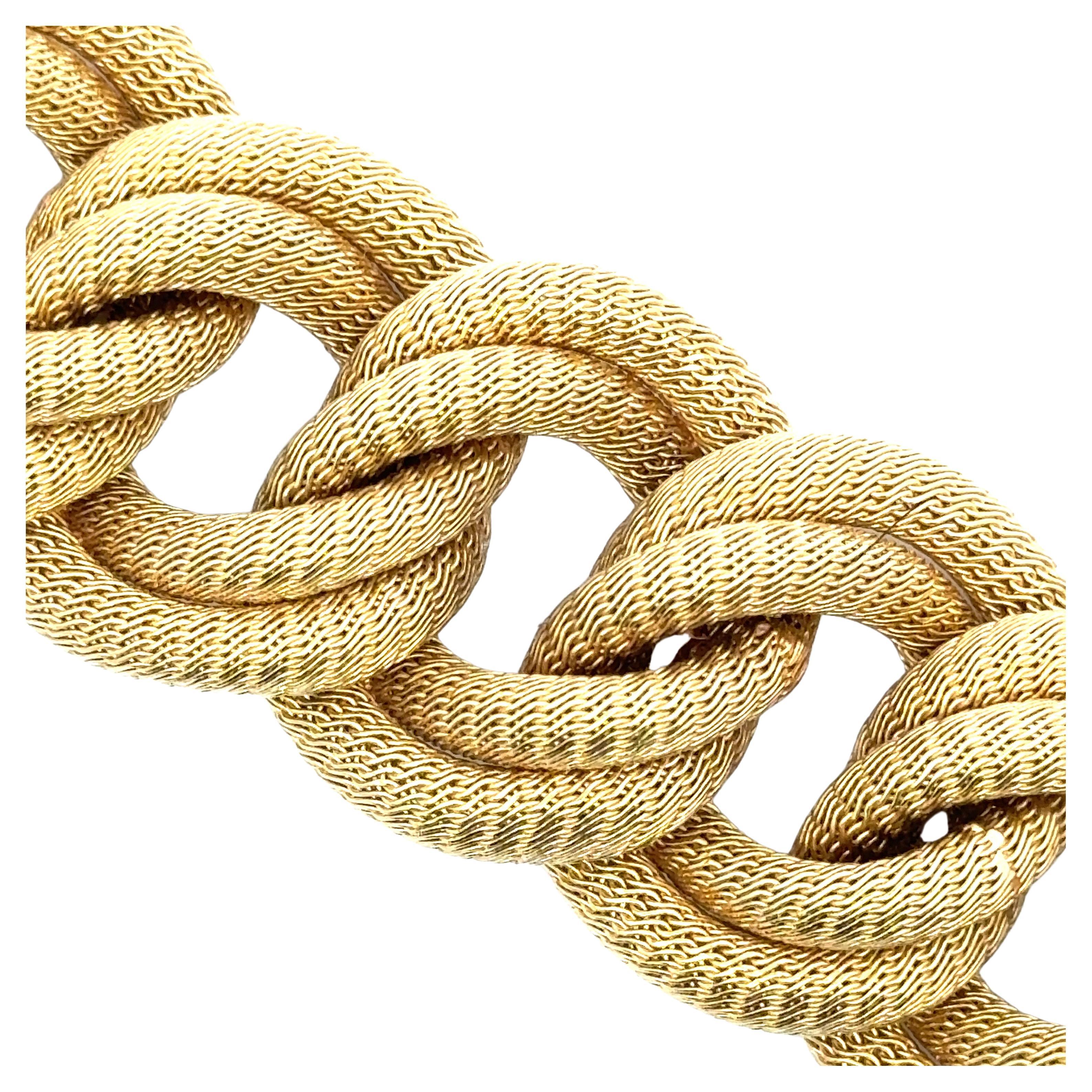 Wide Double Row Woven Link Bracelet 18 Karat Yellow Gold 104.9 Grams For Sale 1