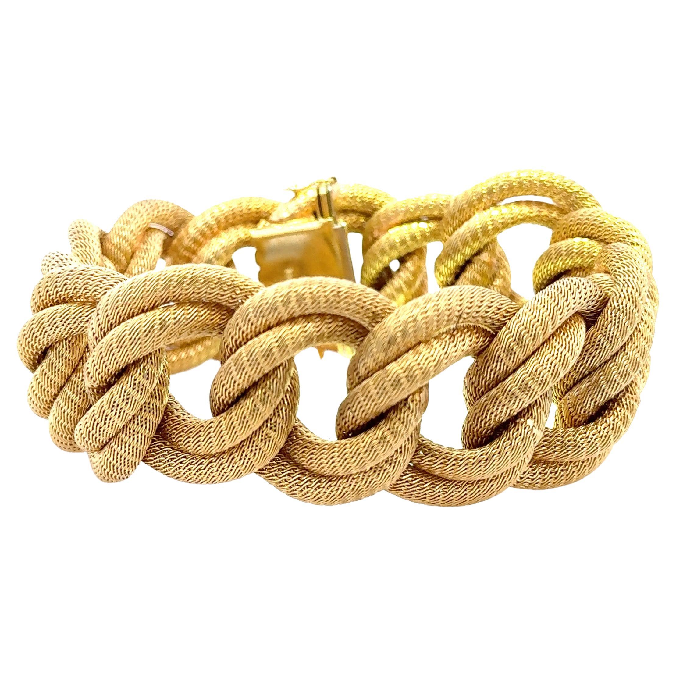 Wide Double Row Woven Link Bracelet 18 Karat Yellow Gold 61 Grams