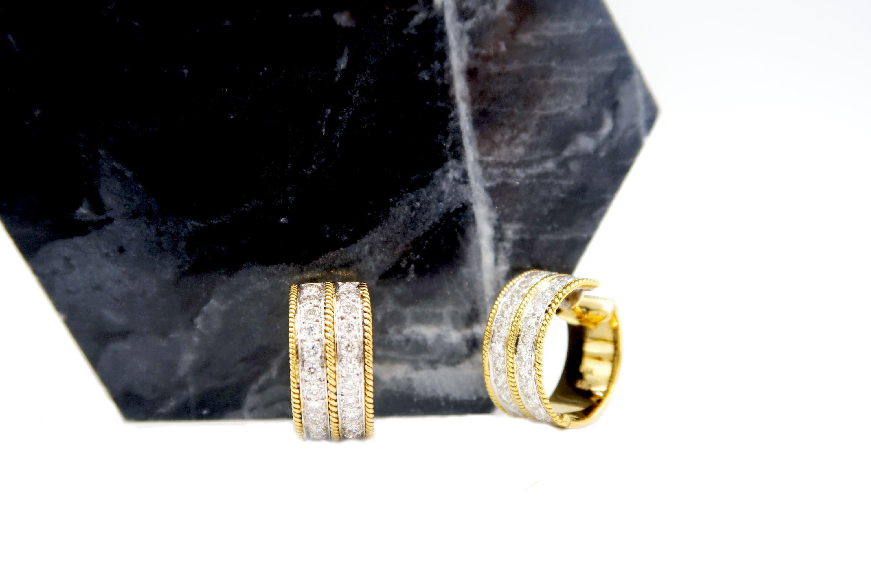 Brilliant Cut Wide Double Stripe Diamond Huggie Earrings with Milgrain Detail in 14k Gold For Sale