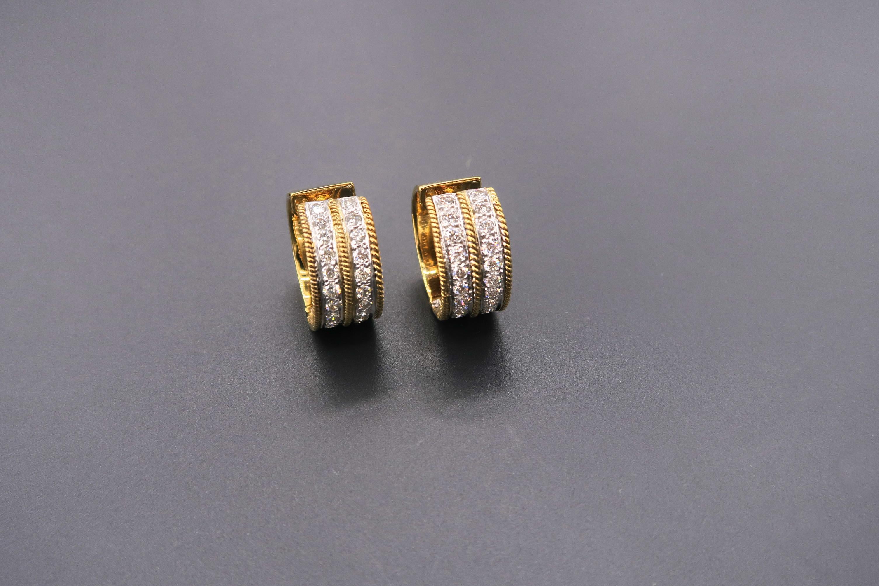 Wide Double Stripe Diamond Huggie Earrings with Milgrain Detail in 14k Gold In New Condition For Sale In Bangkok, TH