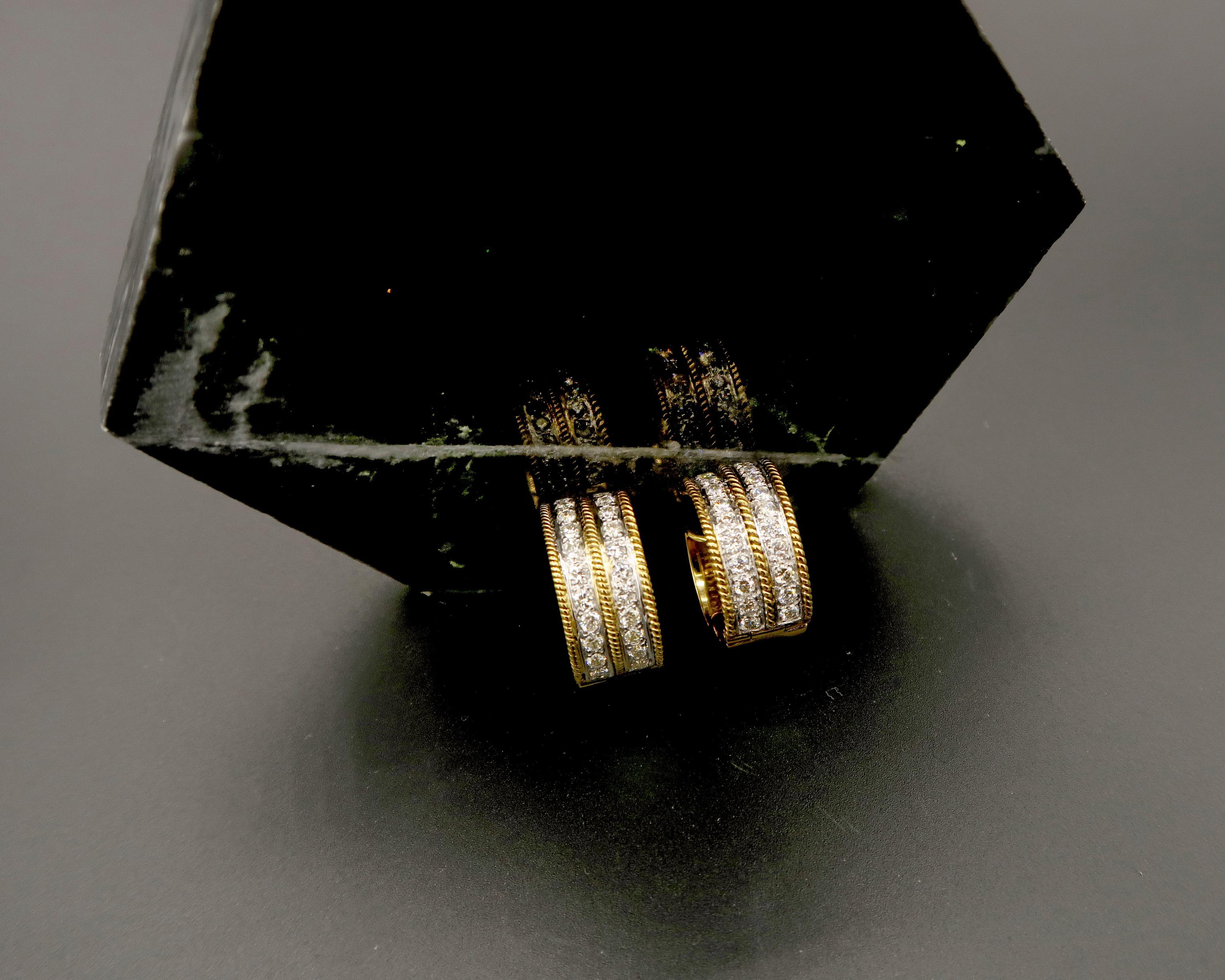 Women's or Men's Wide Double Stripe Diamond Huggie Earrings with Milgrain Detail in 14k Gold For Sale