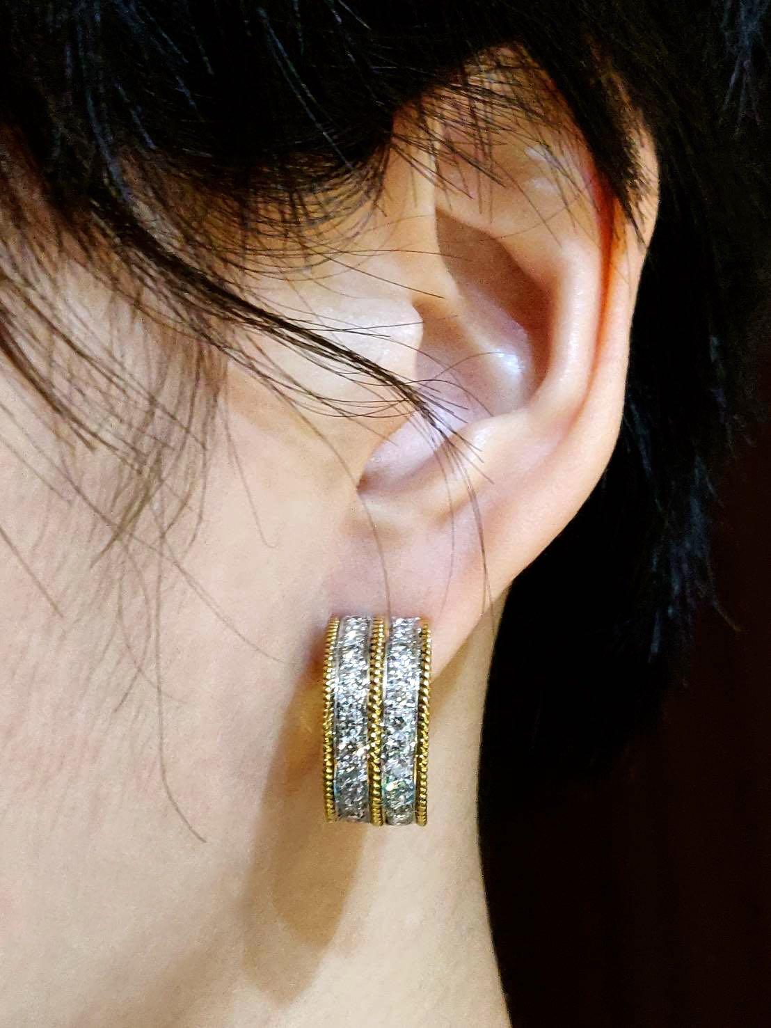 Wide Double Stripe Diamond Huggie Earrings with Milgrain Detail in 14k Gold For Sale 1