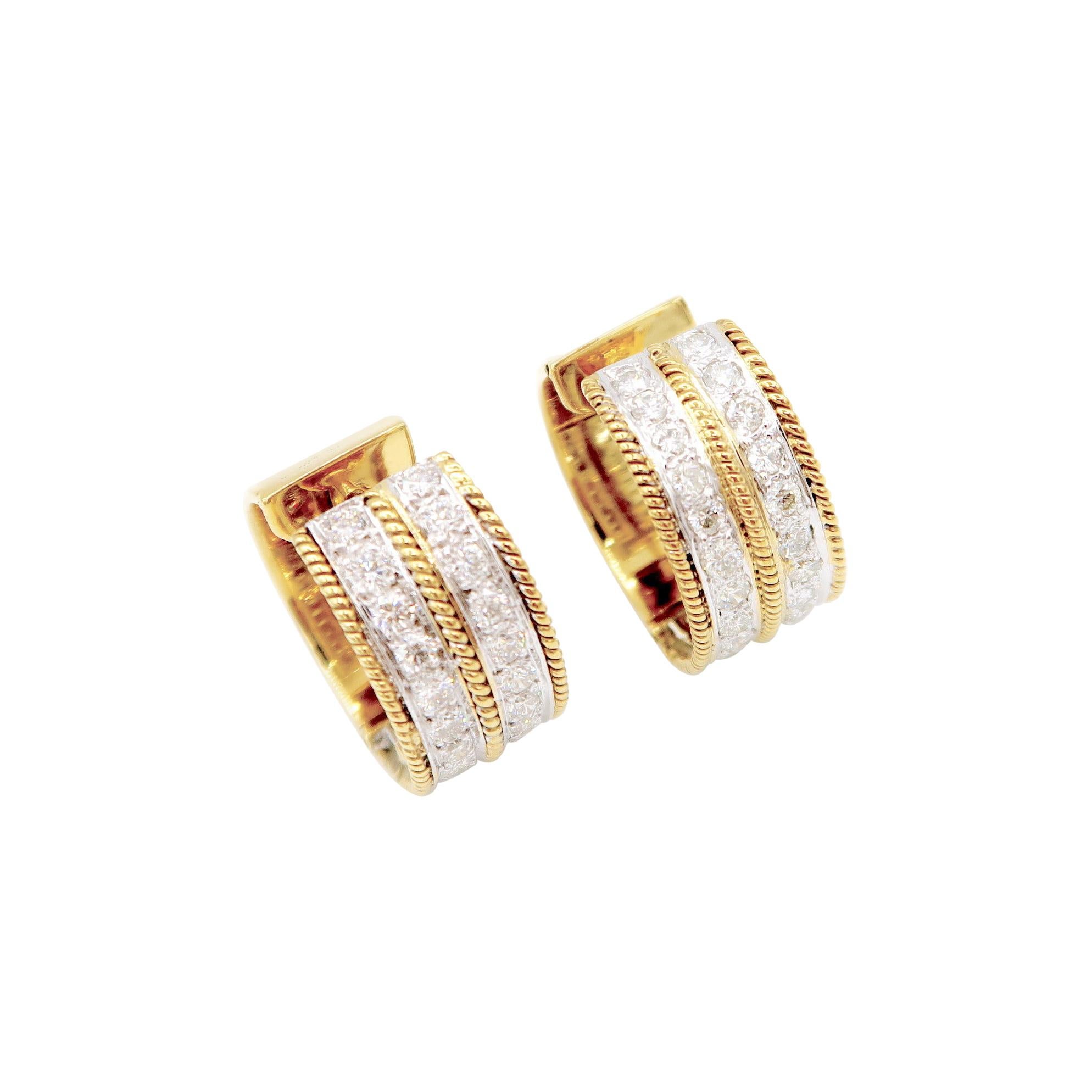 Wide Double Stripe Diamond Huggie Earrings with Milgrain Detail in 14k Gold For Sale