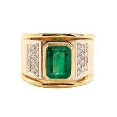 Wide Emerald and Diamond Gold Cocktail Ring