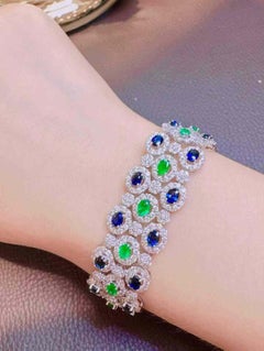 Wide Emerald Sapphire Diamond Bracelet, 16.60 Carats