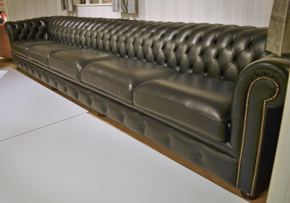 Contemporary Wide English Five-Seat Chesterfield Sofa in Plain Black Leather