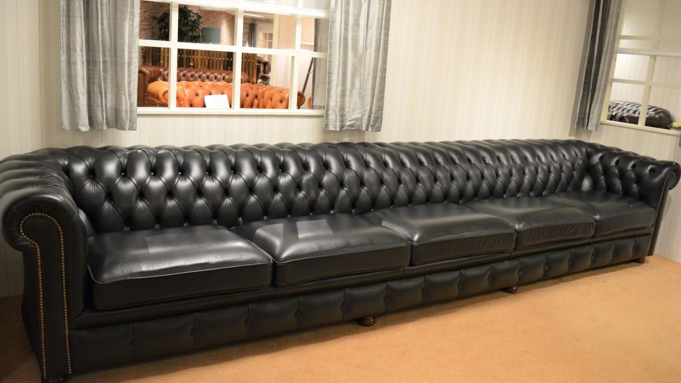 Wide English Five-Seat Chesterfield Sofa in Plain Black Leather 1
