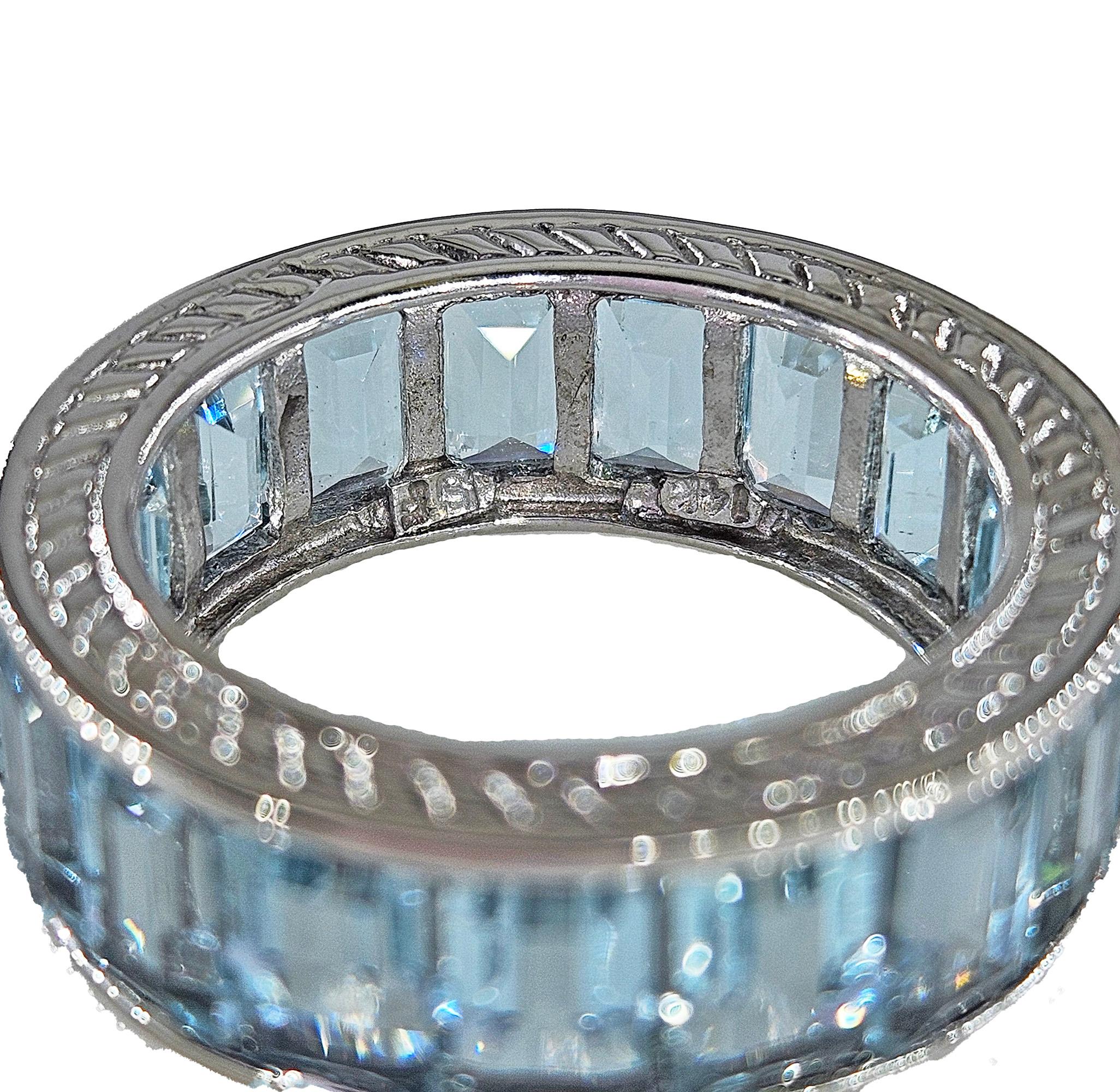 GORGEOUS ETERNITY ESTATE VINTAGE WIDE 14KT WHITE GOLD EMERALD CUT, BAGUETTES AQUAMARINE ETERNITY BAND RING
The Gem that has captivated hearts and minds for centuries which mesmerizing blue hues are reminiscent of the tranquil sea, A calming