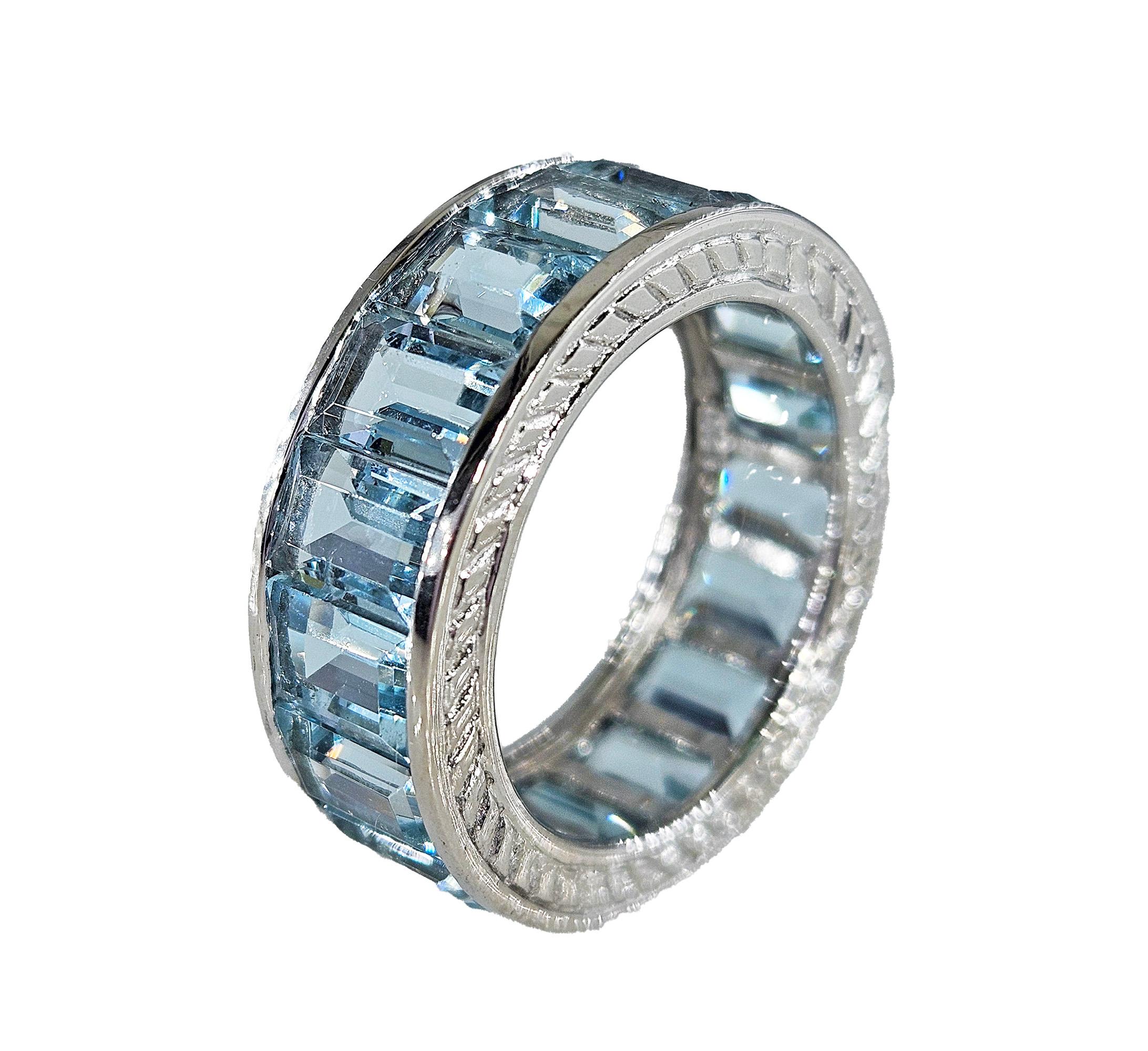 Modern Wide Estate Eternity Aquamarine Wedding Anniversary 14K WG Channel Set Band Ring