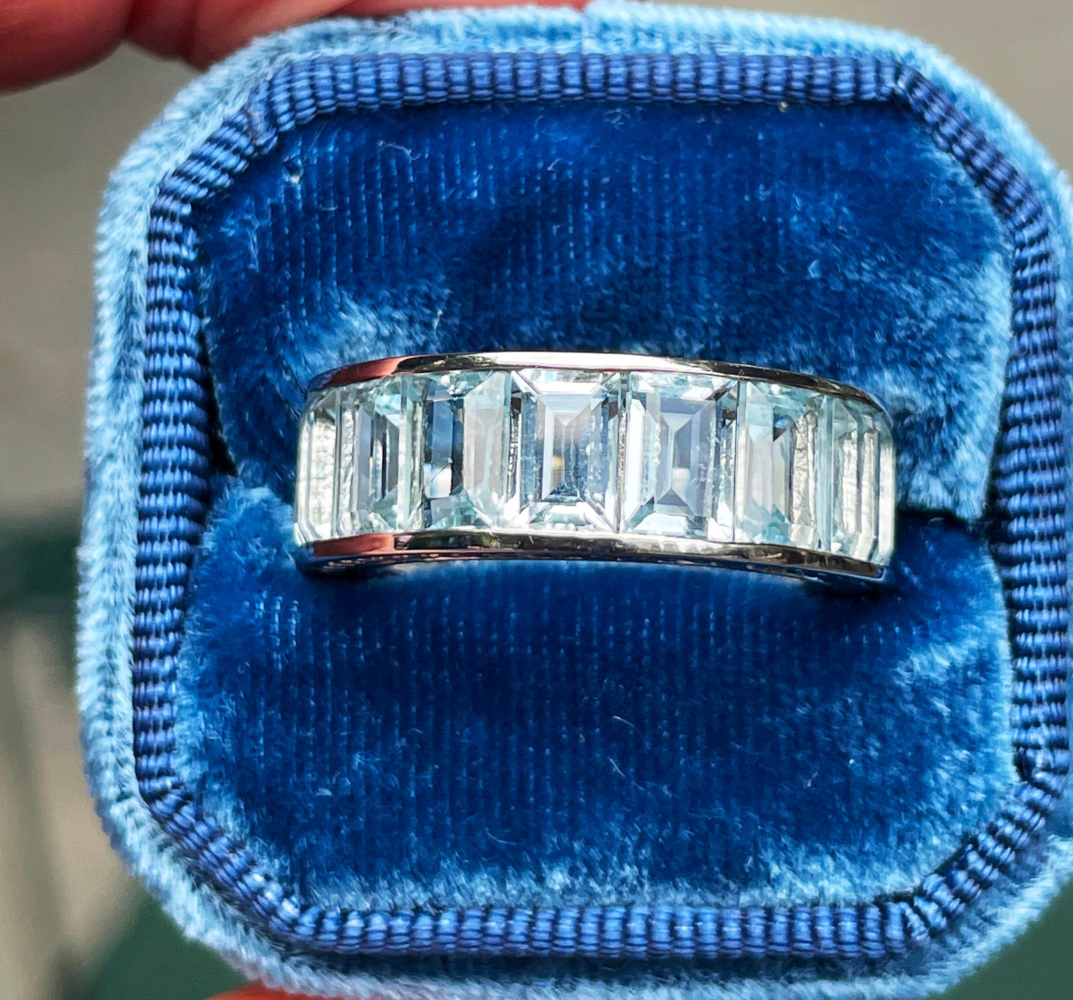 Baguette Cut Wide Estate Eternity Aquamarine Wedding Anniversary 14K WG Channel Set Band Ring