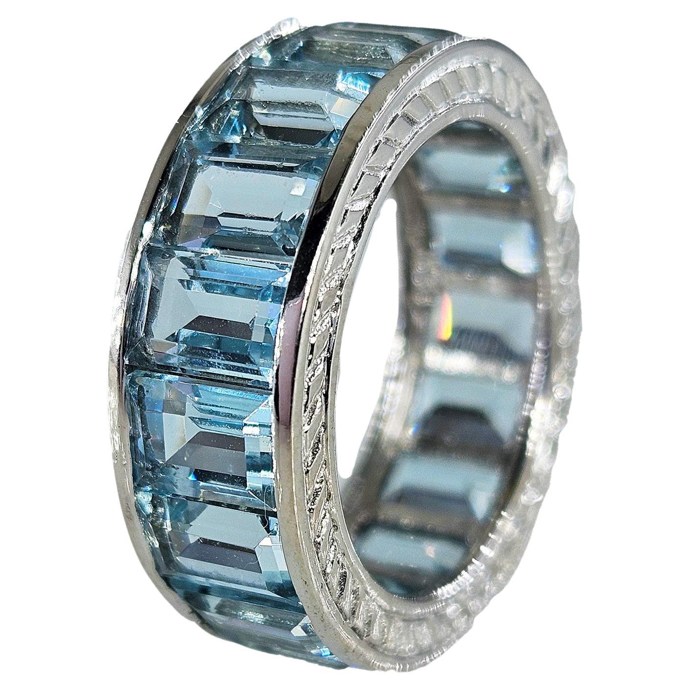 Wide Estate Eternity Aquamarine Wedding Anniversary 14K WG Channel Set Band Ring