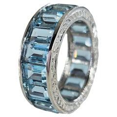 Wide Estate Eternity Aquamarine Wedding Anniversary 14K WG Channel Set Band Ring
