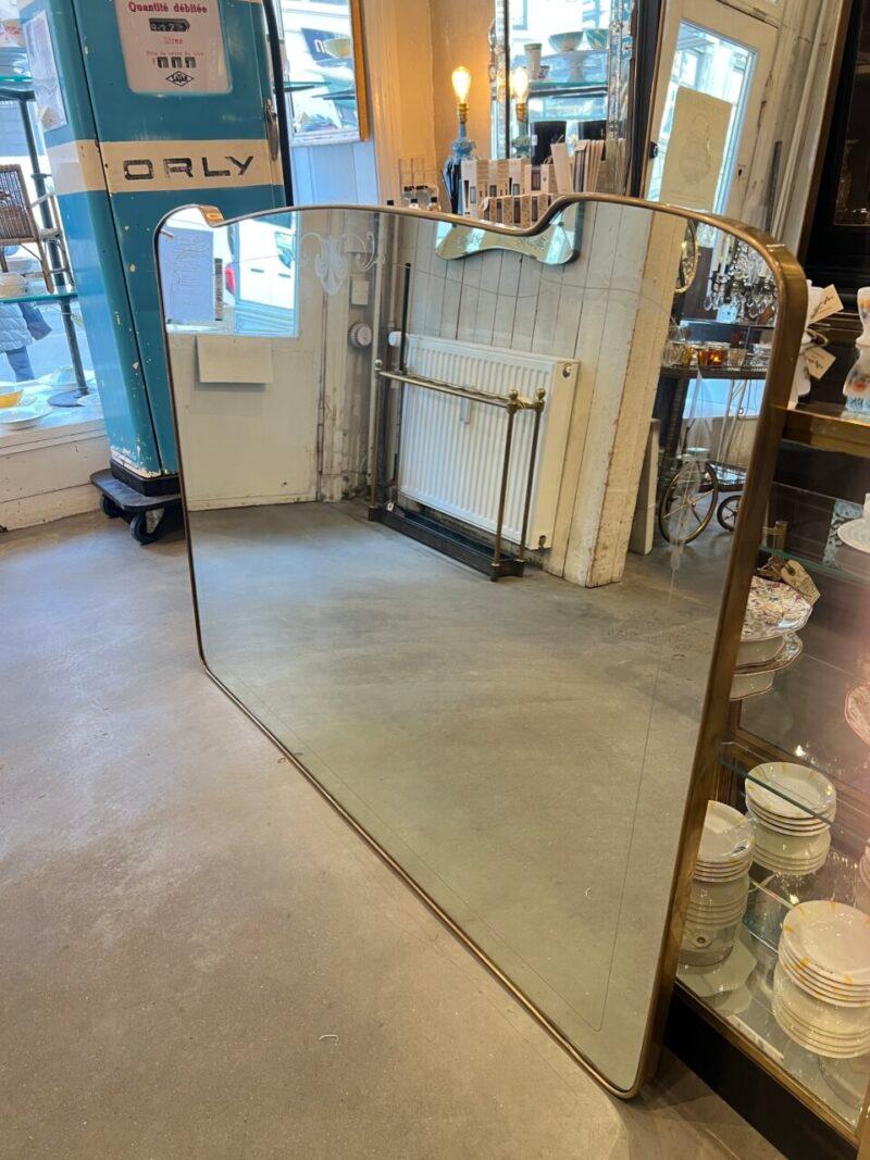 Italian Wide, Etched Glass Mid Century Brass Mirror, Italy For Sale