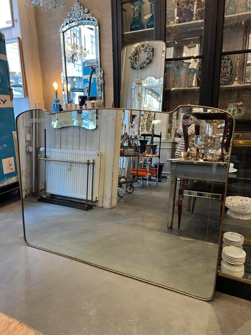 20th Century Wide, Etched Glass Mid Century Brass Mirror, Italy For Sale