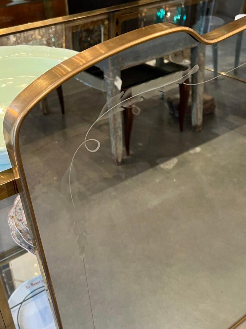 Wide, Etched Glass Mid Century Brass Mirror, Italy For Sale 2