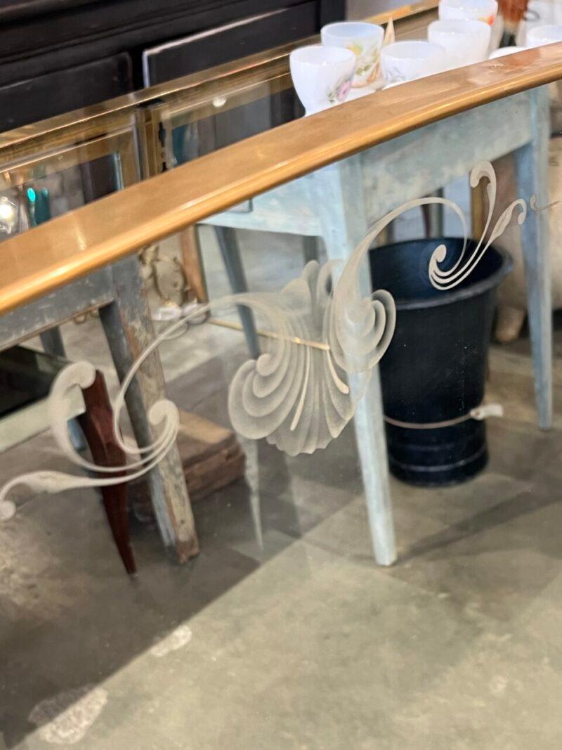 Wide, Etched Glass Mid Century Brass Mirror, Italy For Sale 3