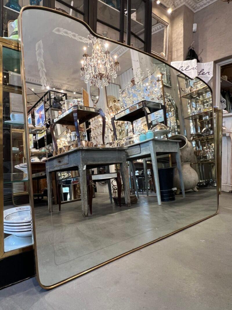Wide, Etched Glass Mid Century Brass Mirror, Italy For Sale 4