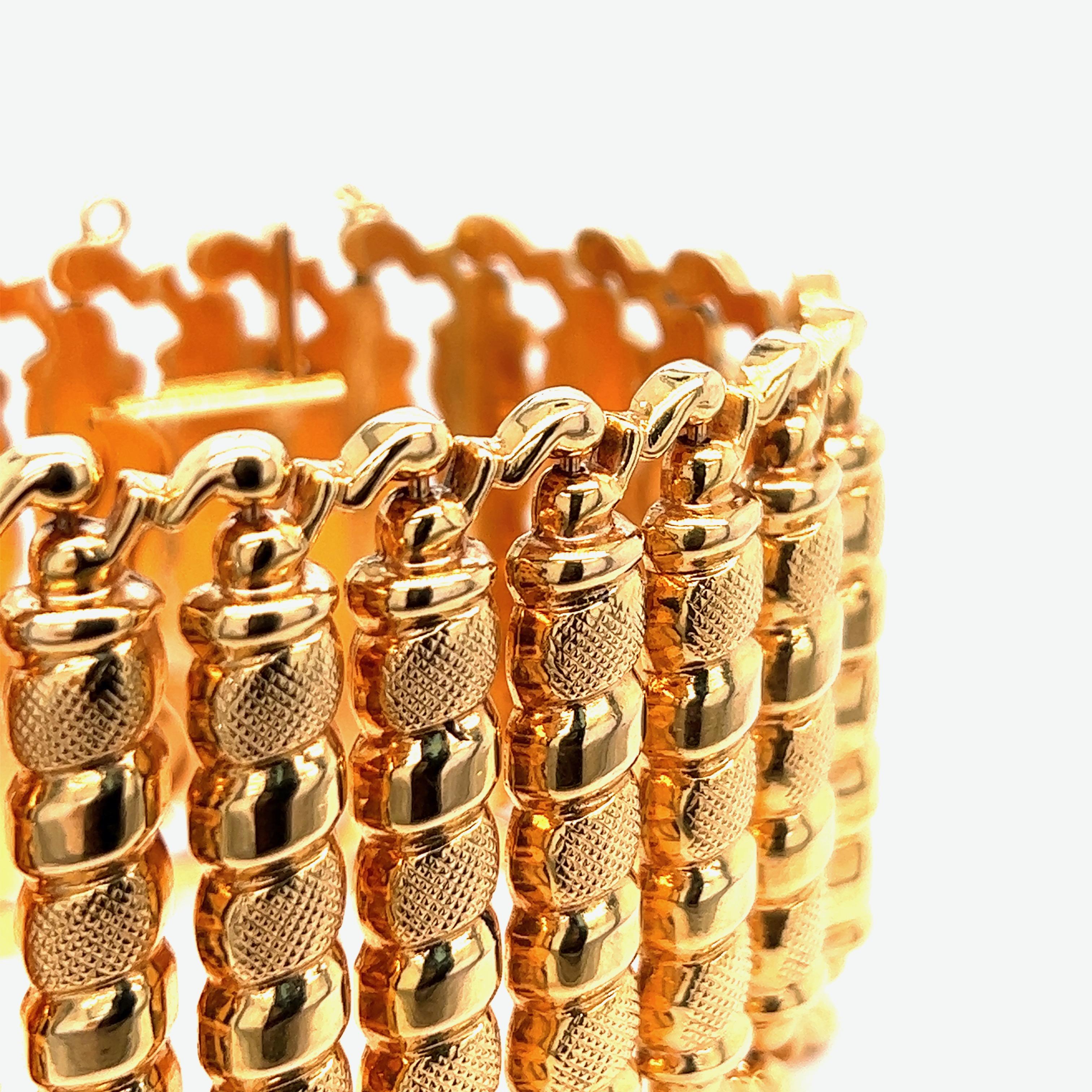 Wide Etruscan Revival Yellow Gold Bracelet For Sale at 1stDibs size