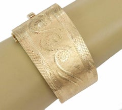 Wide Fancy Hinged Bangle Bracelet 14K Yellow Gold