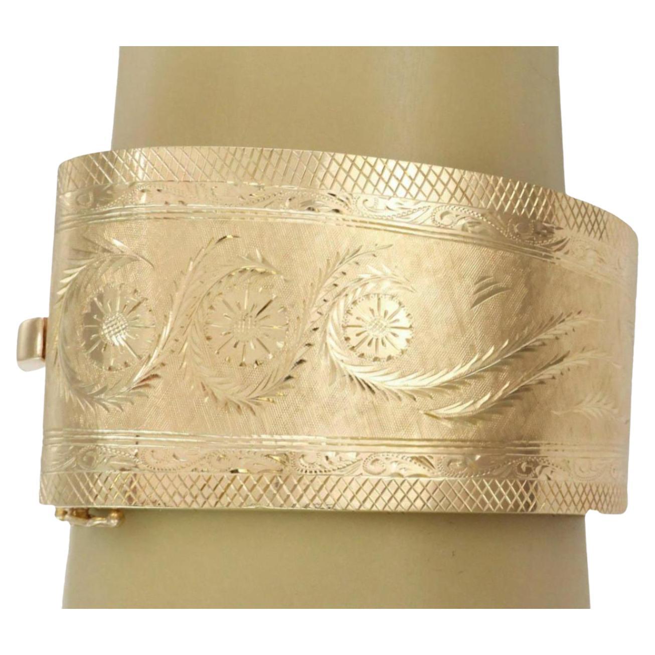 Wide Fancy Hinged Bangle Bracelet 14K Yellow Gold
