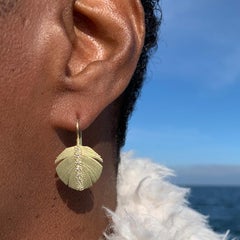 Wide Feather Earrings with Pave Set Diamond Channels, 18k Yellow Gold