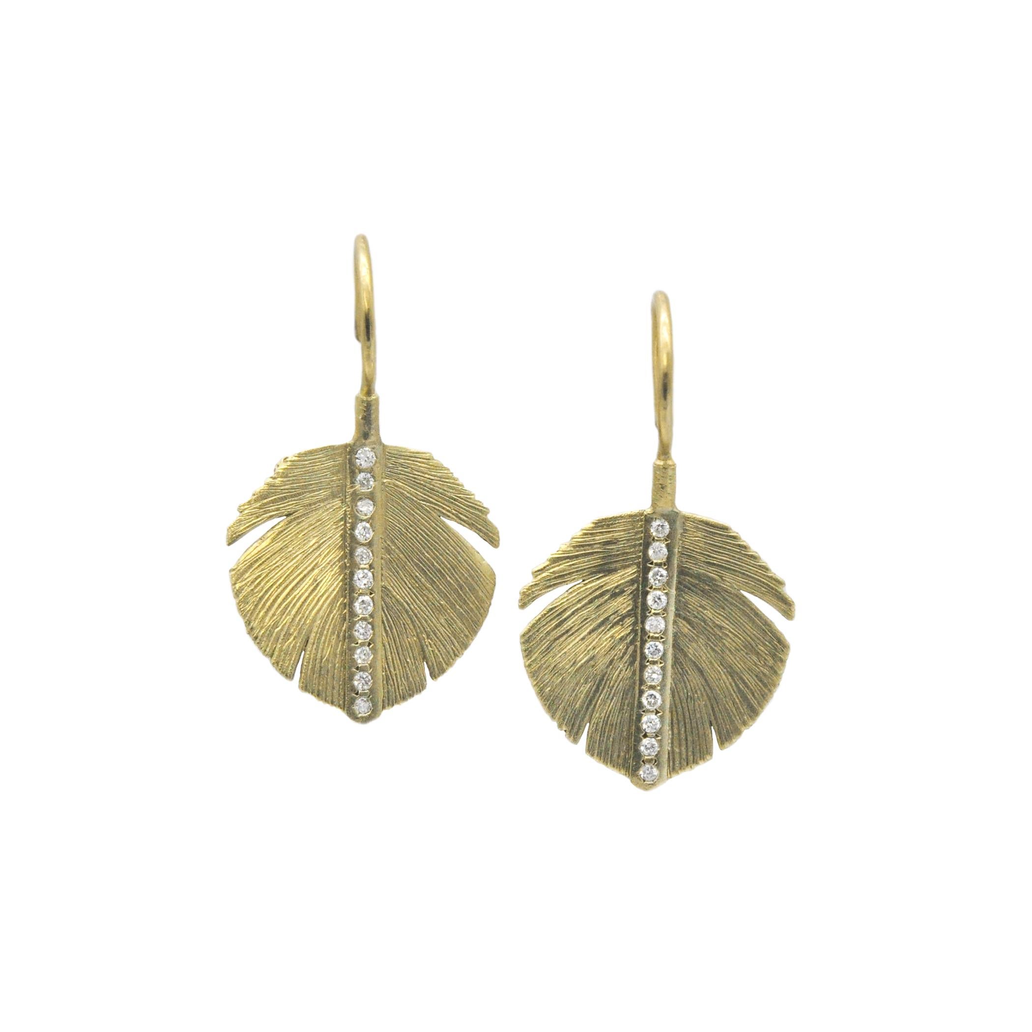Artisan Wide Feather Earrings with Pave Set Diamond Channels, 18k Yellow Gold For Sale
