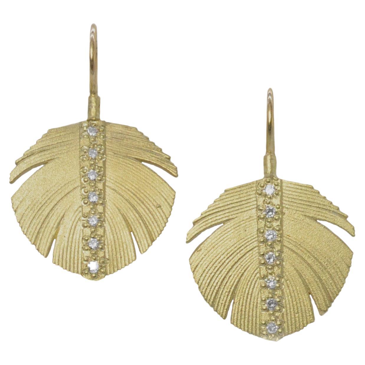 Wide Feather Earrings with Pave Set Diamond Channels, 18k Yellow Gold For Sale
