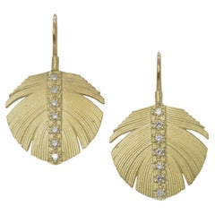 Wide Feather Earrings with Pave Set Diamond Channels, 18k Yellow Gold