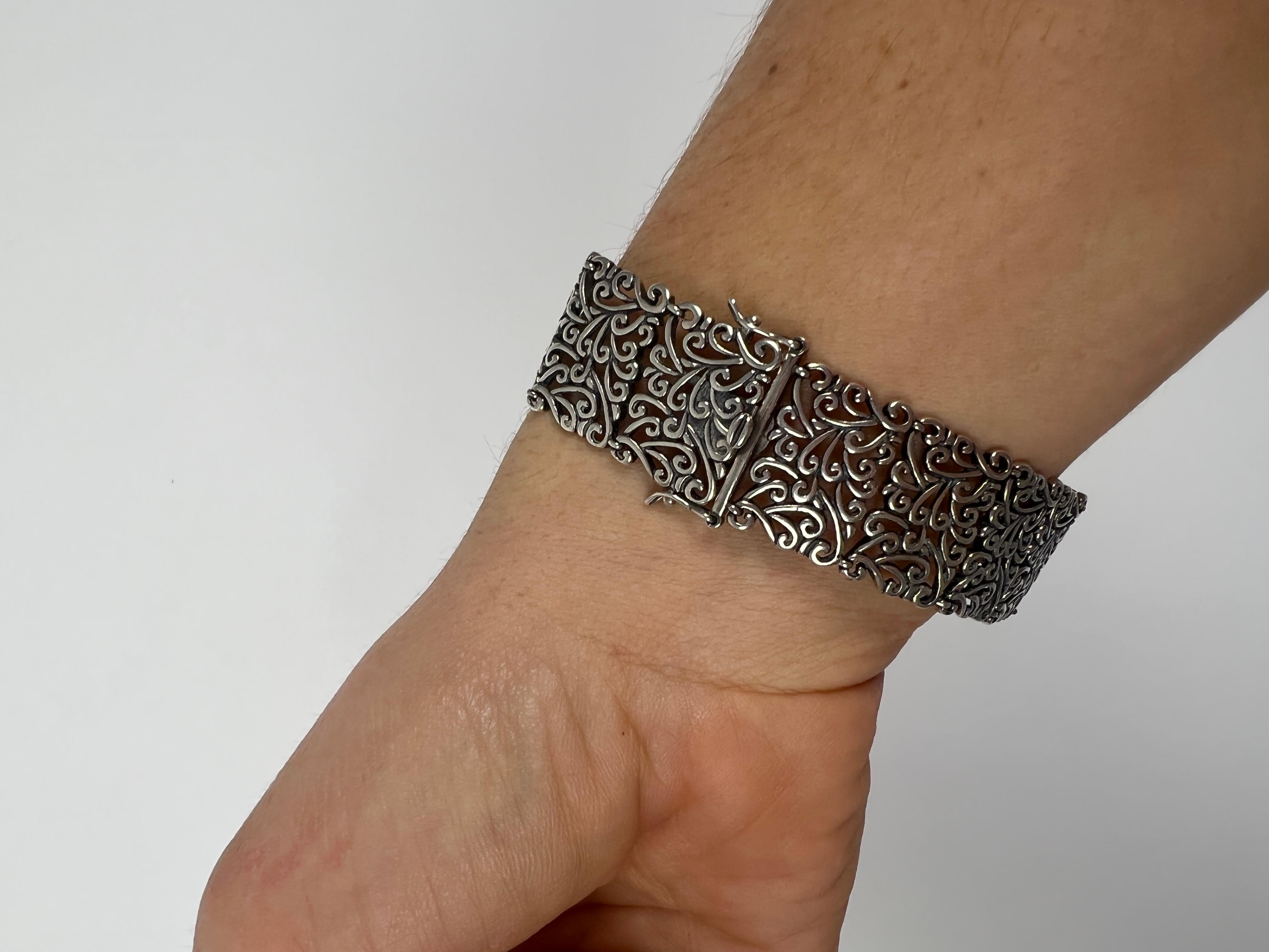 Wide Filigree Bracelet, Sterling Silver, Length 7.25 Inches, Wide Silver  In Good Condition For Sale In McLeansville, NC
