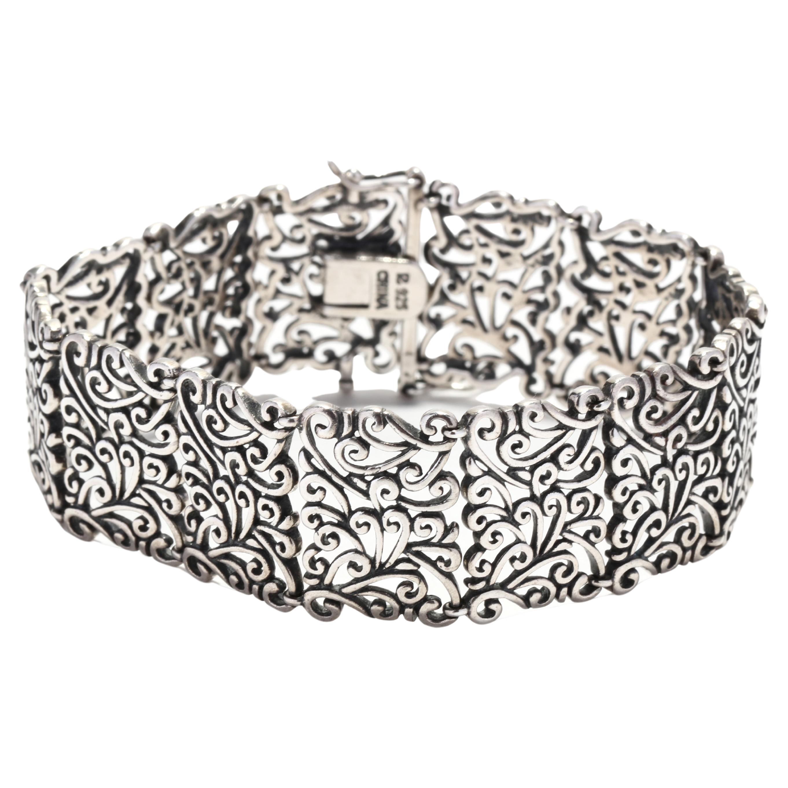 Wide Filigree Bracelet, Sterling Silver, Length 7.25 Inches, Wide Silver  For Sale