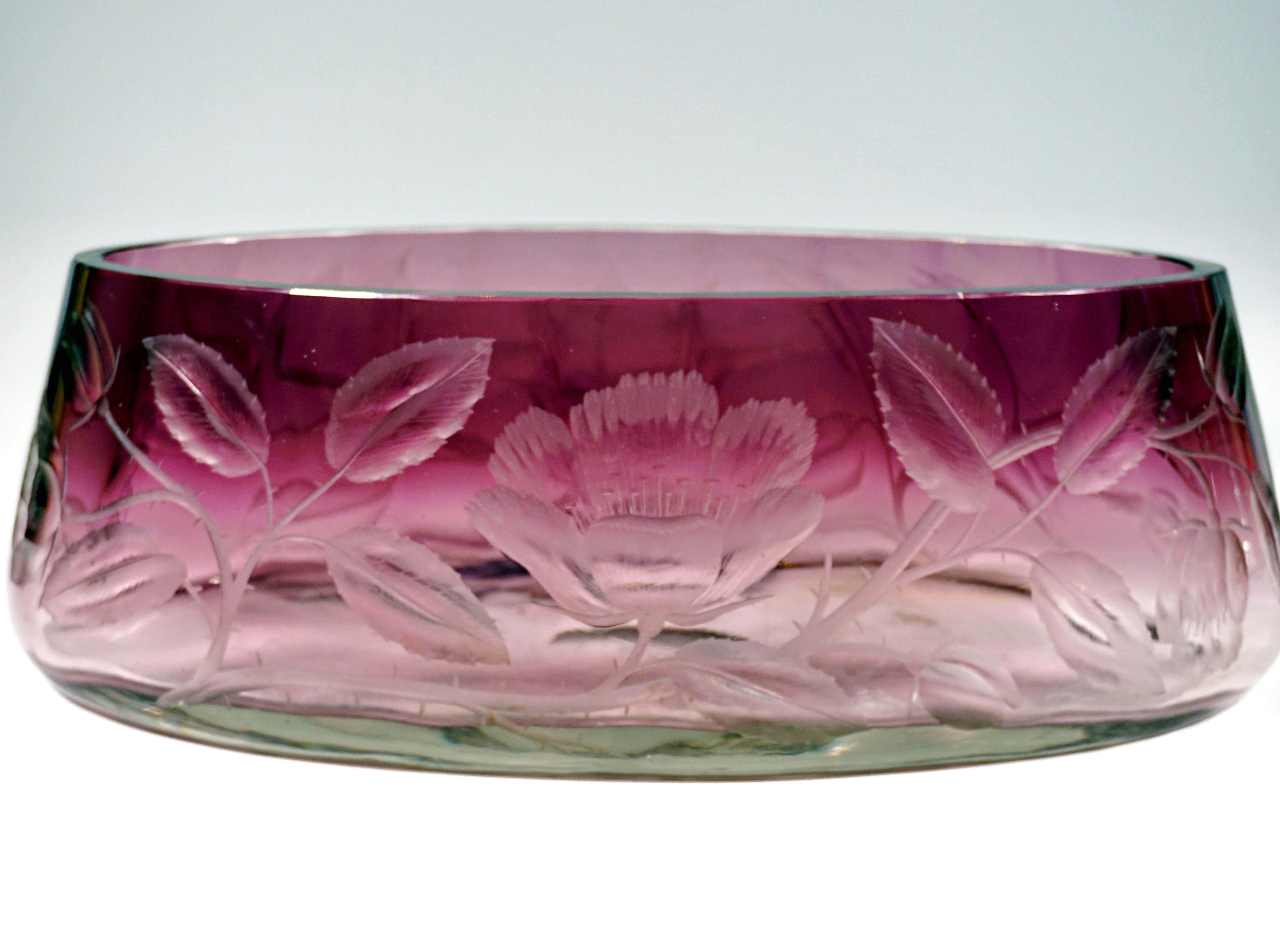 Glass Wide Flat Art Nouveau Vase with Cut Flower Tendril Decor, Moser, Austria-Hungary