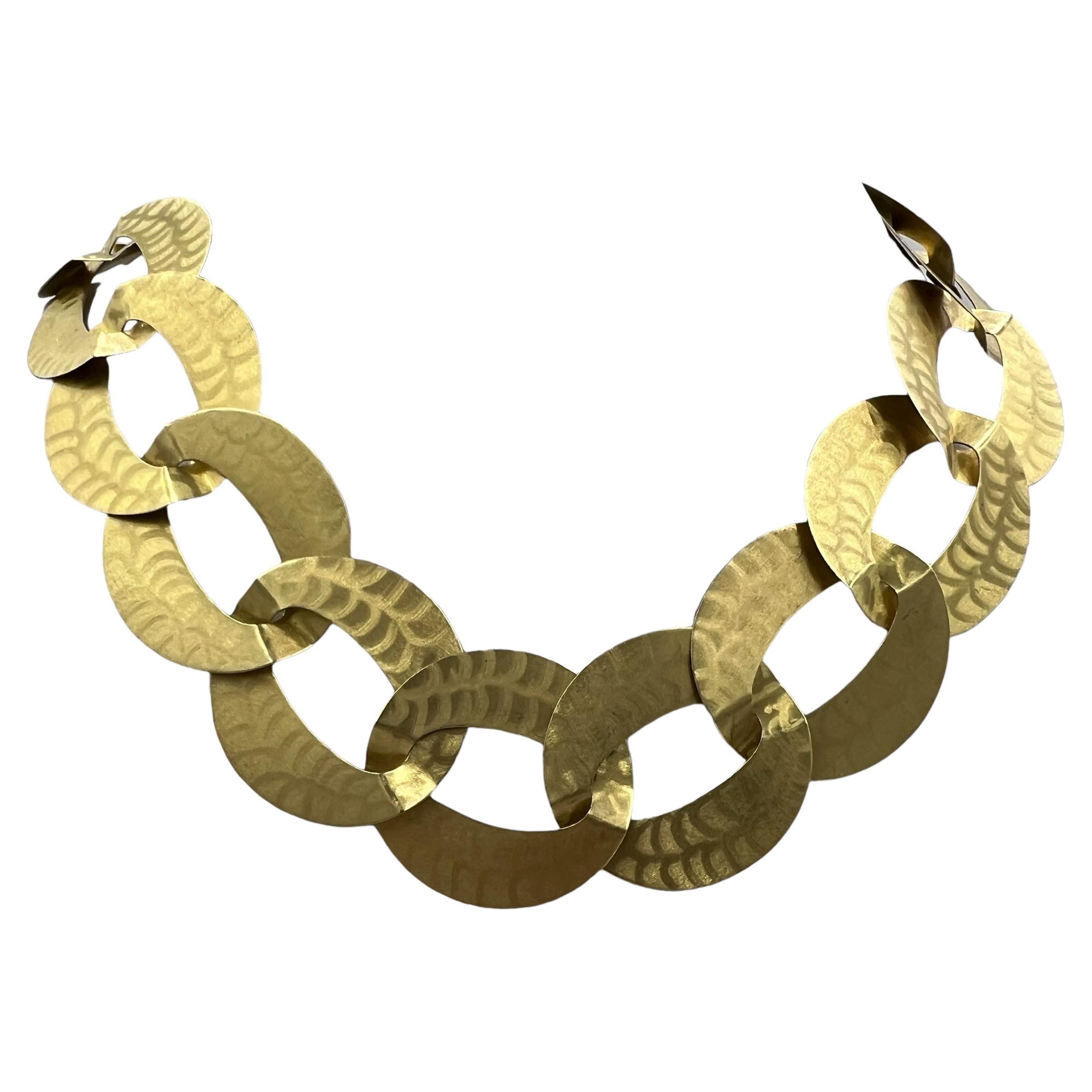 Wide Flat Oval Matt Finished Yellow Gold Link Necklace
