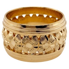 Wide Flower Band Textured Flowers with Stair Step Borders in 14k Gold