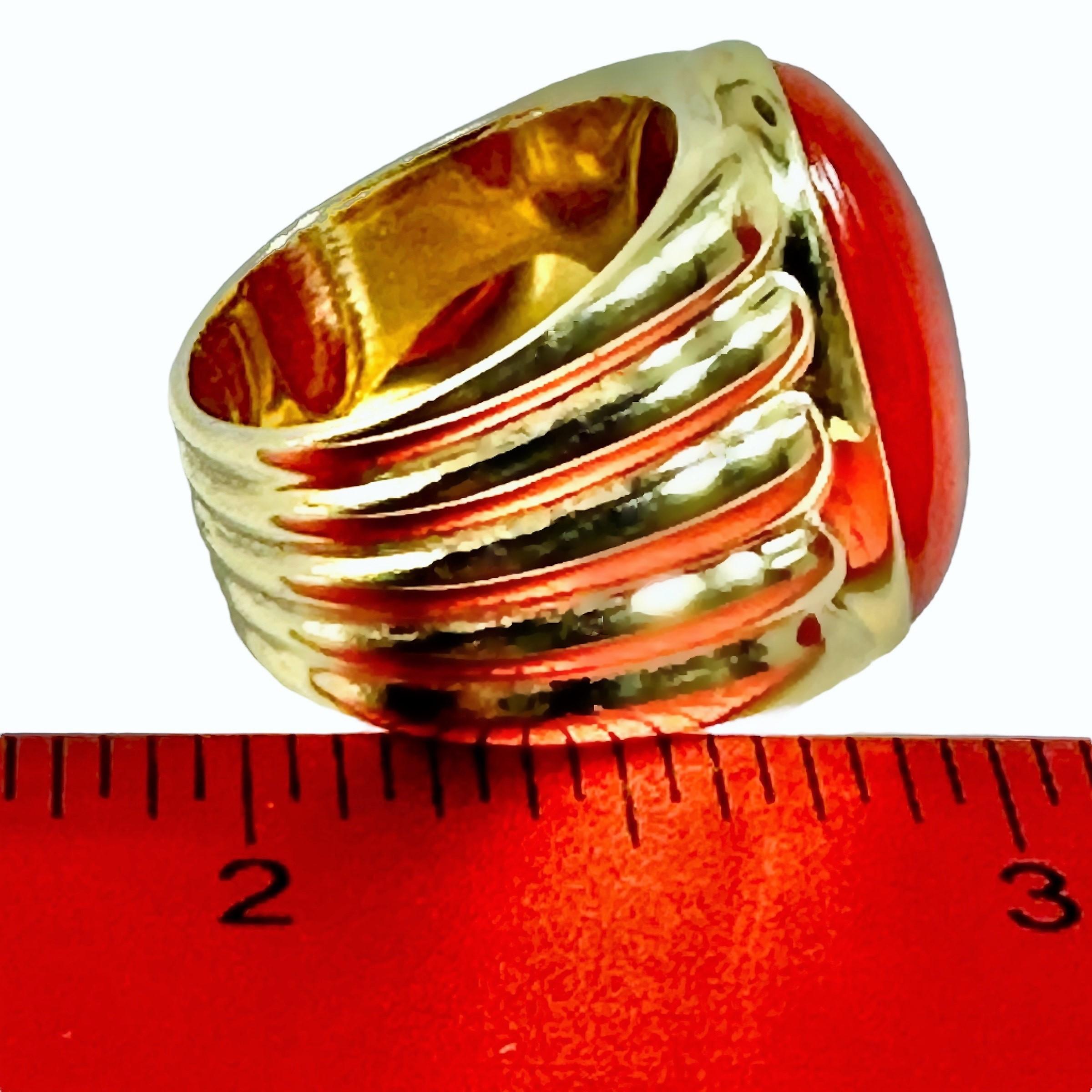 Wide Fluted Gold Ring with Large Deep Red Oxblood Cabochon For Sale 5