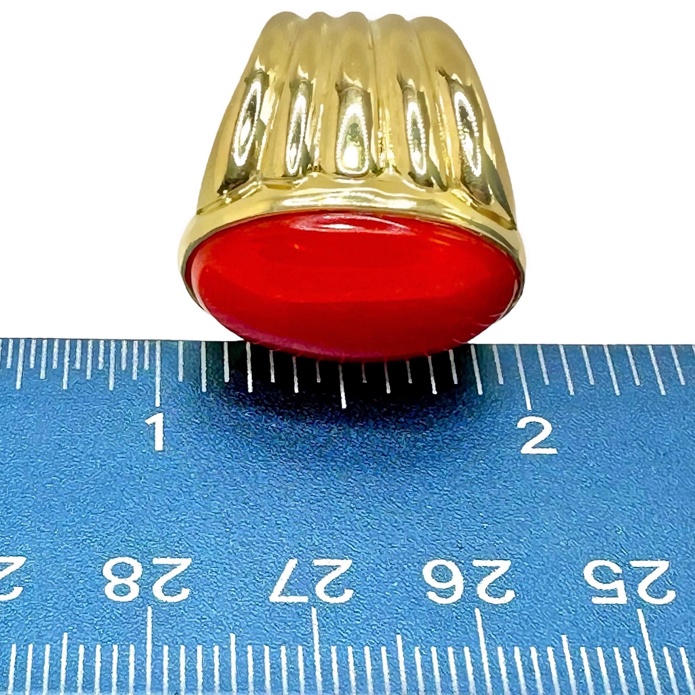Wide Fluted Gold Ring with Large Deep Red Oxblood Cabochon For Sale 6