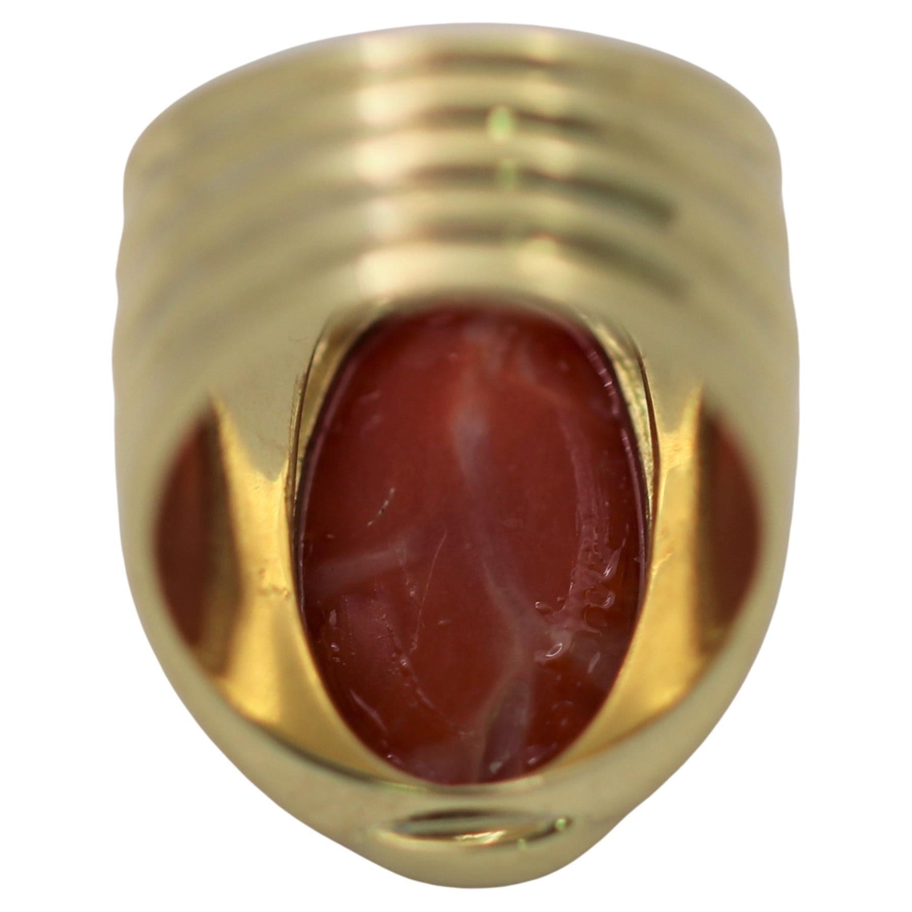 Wide Fluted Gold Ring with Large Deep Red Oxblood Cabochon For Sale 3