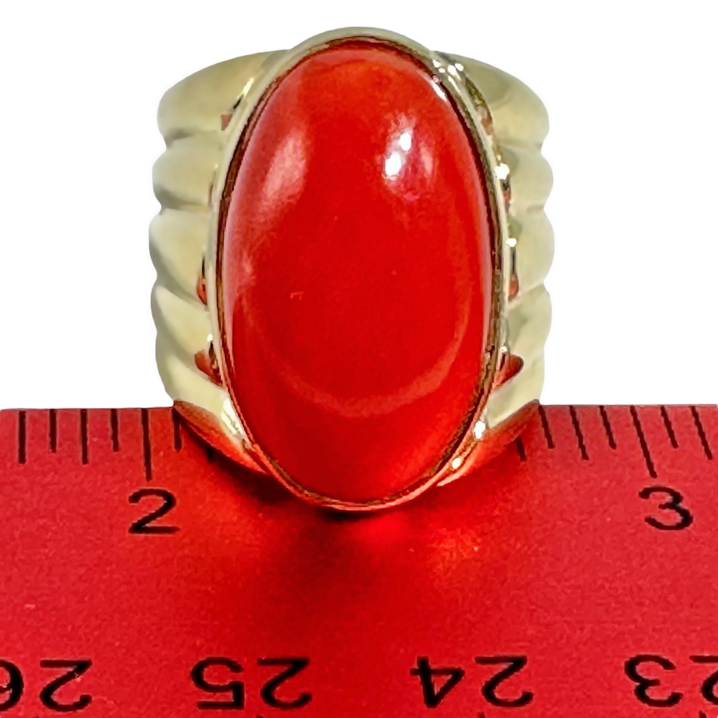 Wide Fluted Gold Ring with Large Deep Red Oxblood Cabochon For Sale 4
