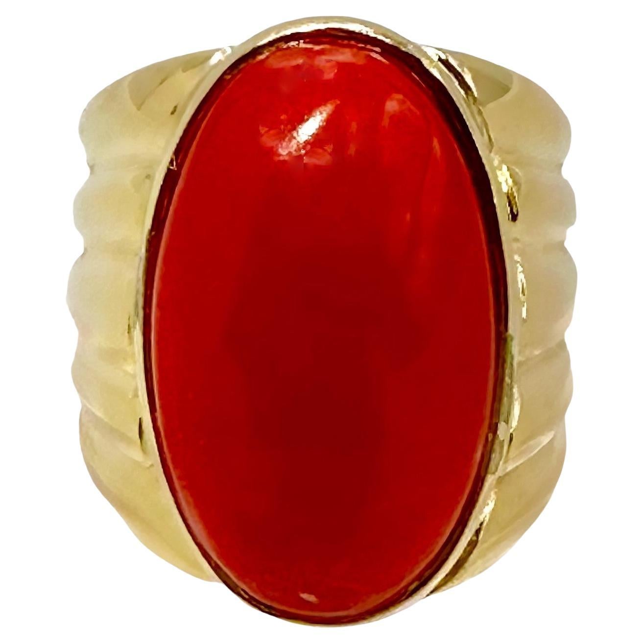 Wide Fluted Gold Ring with Large Deep Red Oxblood Cabochon