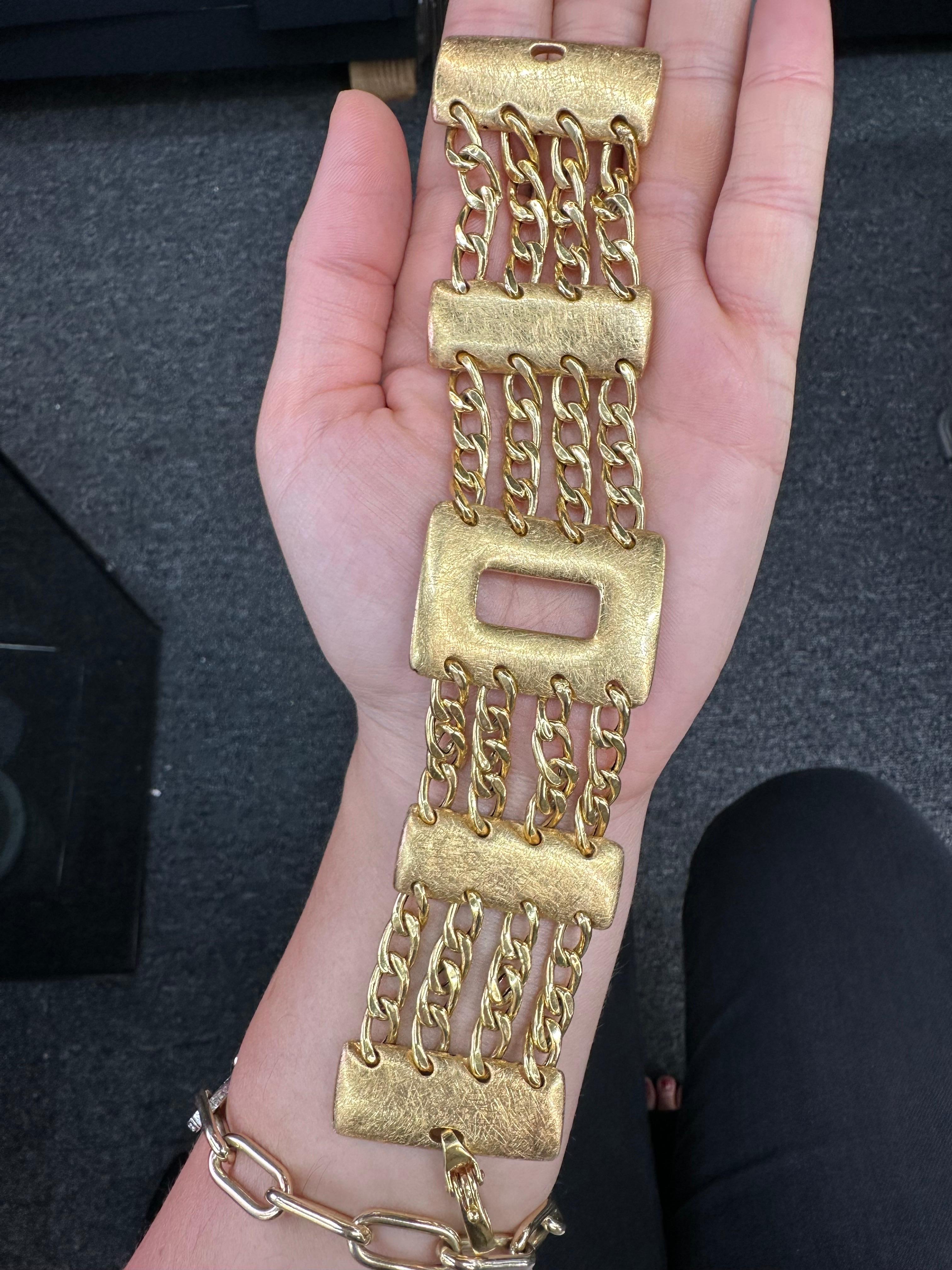 Wide Four Row Link Bar Bracelet 33.9 Grams 14 Karat Yellow Gold For Sale 2