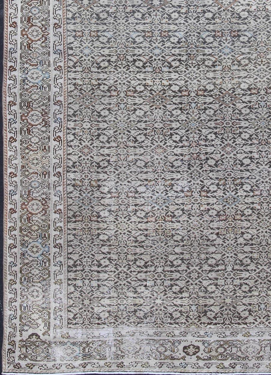 Hand-Knotted Wide Gallery Rug Persian Malayer  with Geometric Design Charcoal & Citron Green For Sale