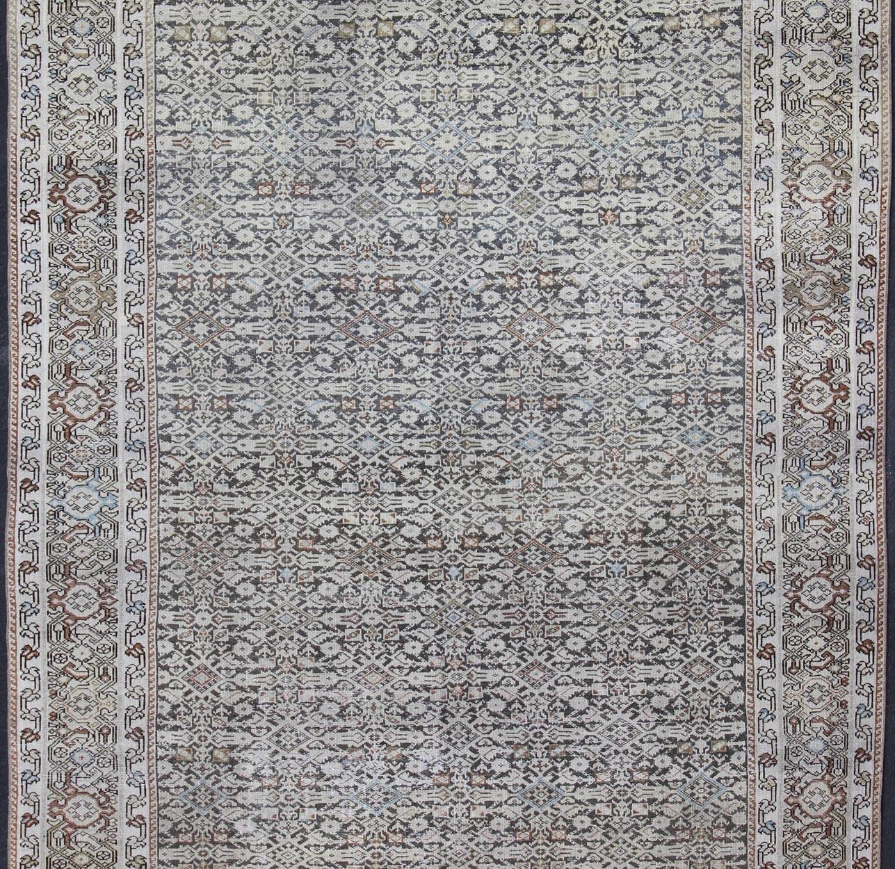 Wide Gallery Rug Persian Malayer  with Geometric Design Charcoal & Citron Green In Good Condition For Sale In Atlanta, GA