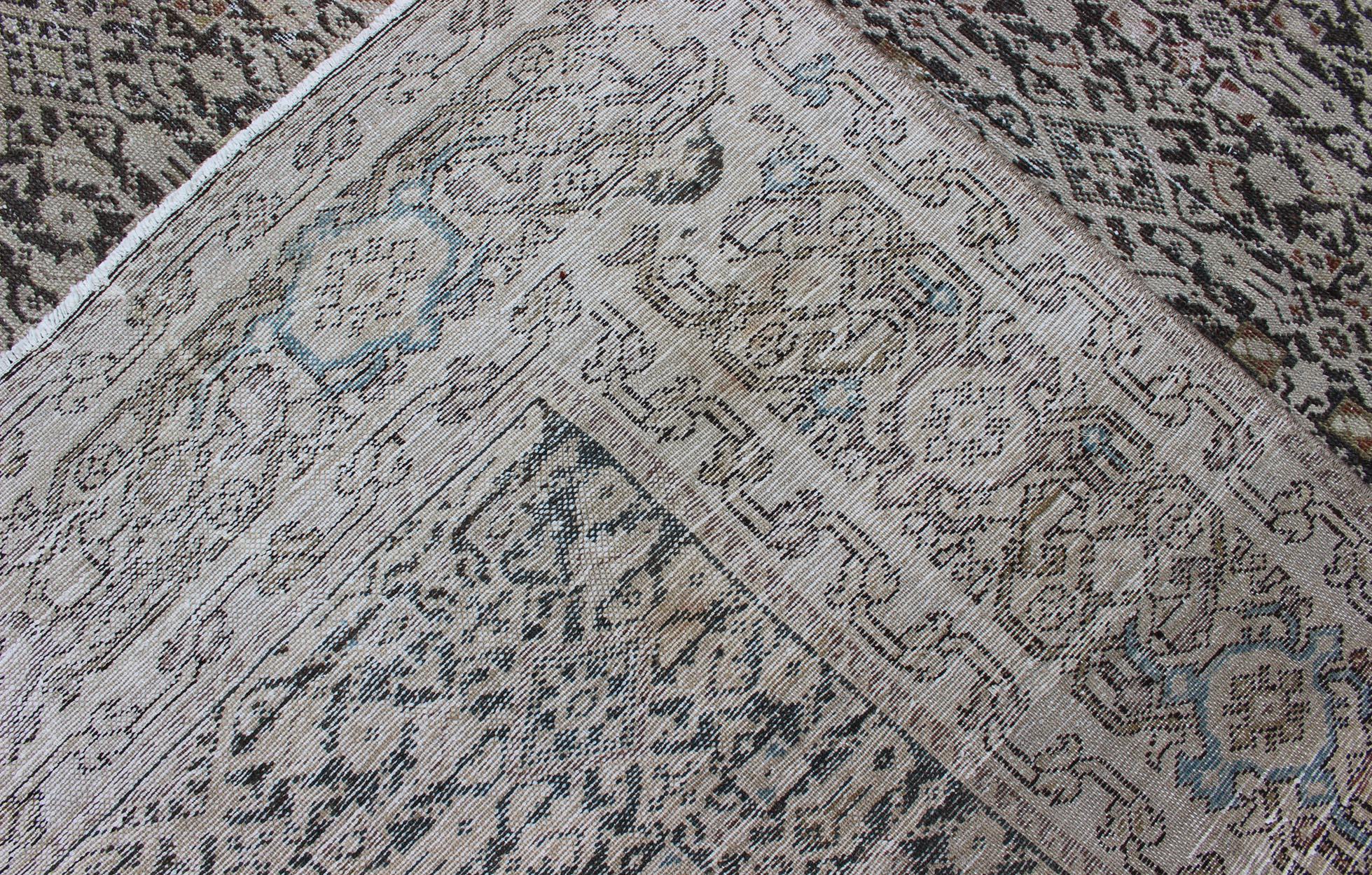 Early 20th Century Wide Gallery Rug Persian Malayer  with Geometric Design Charcoal & Citron Green For Sale