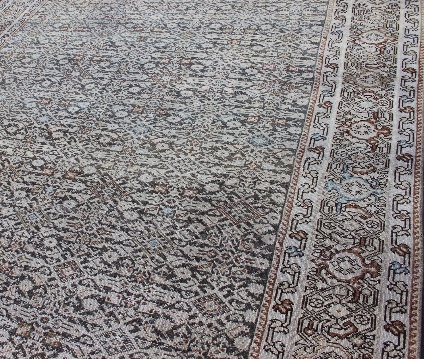 Wool Wide Gallery Rug Persian Malayer  with Geometric Design Charcoal & Citron Green For Sale
