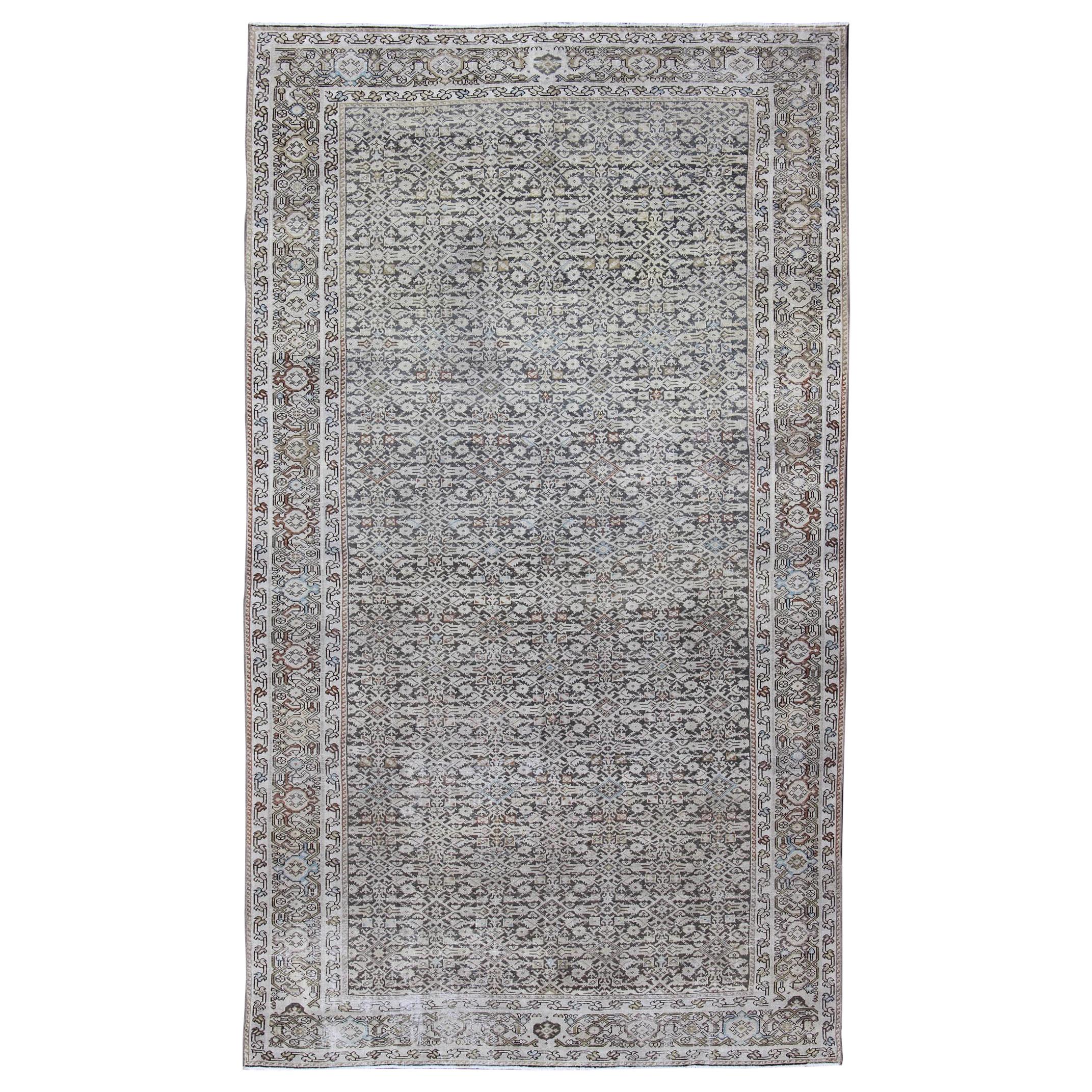 Wide Gallery Rug Persian Malayer  with Geometric Design Charcoal & Citron Green For Sale