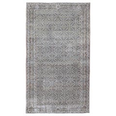 Antique Wide Gallery Rug Persian Malayer  with Geometric Design Charcoal & Citron Green