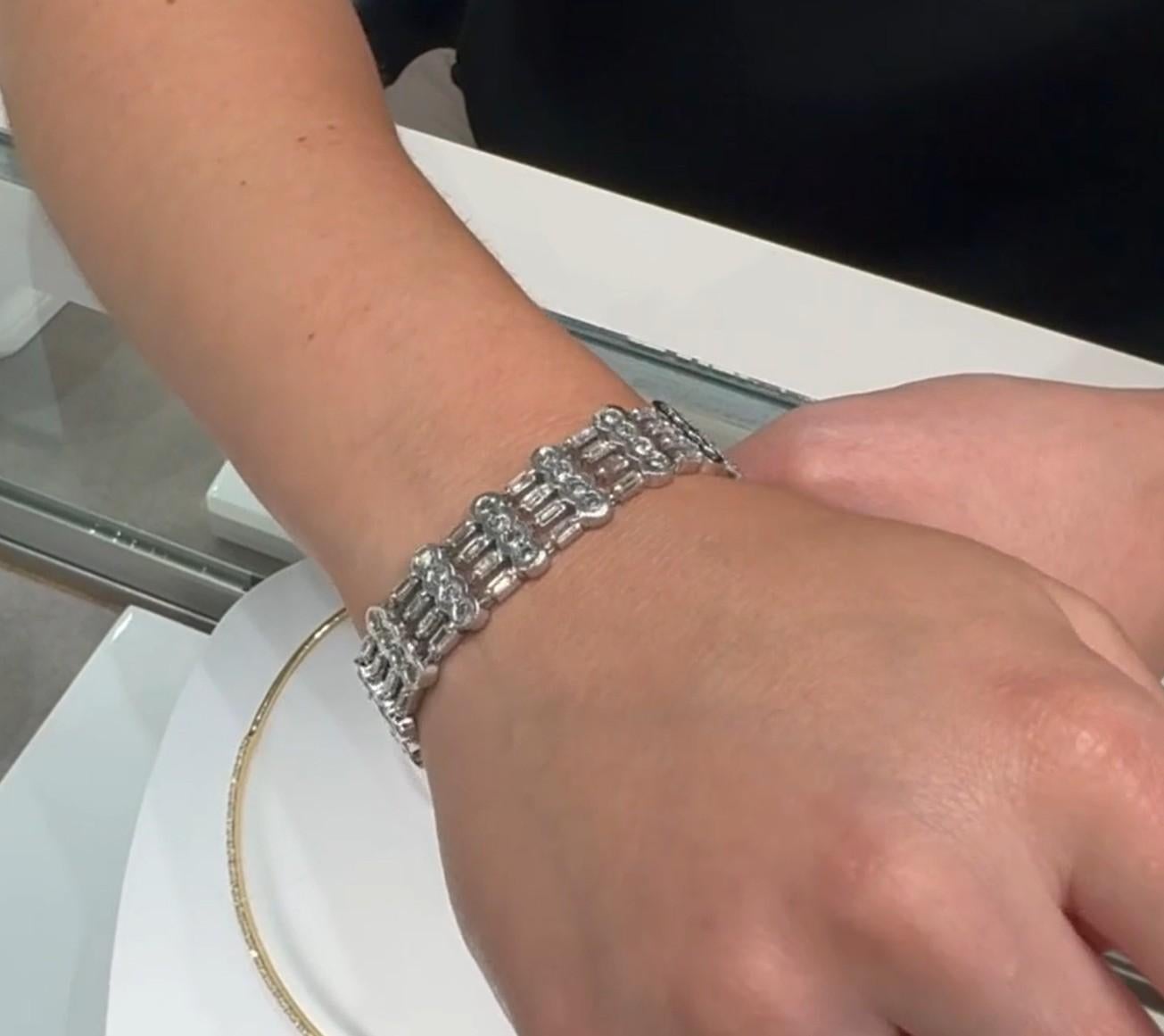 Contemporary Wide Geometric 9.88 Carat Round & Baguette Diamond Bracelet in 18K White Gold For Sale