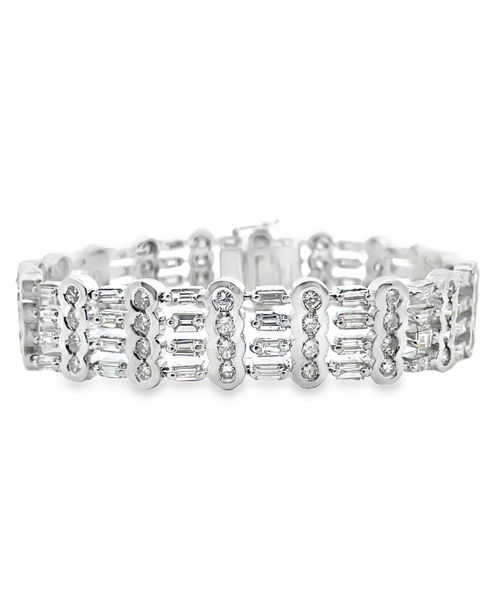 Women's Wide Geometric 9.88 Carat Round & Baguette Diamond Bracelet in 18K White Gold For Sale